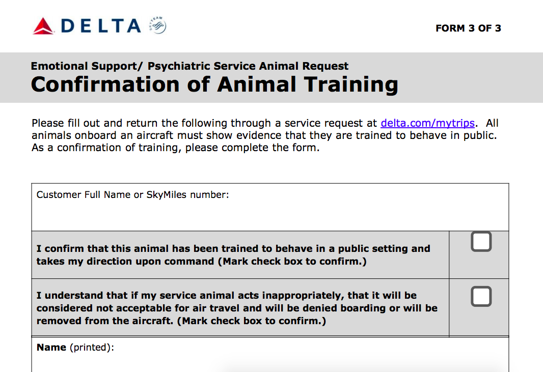 Delta Support Animal Training Confirmation Form