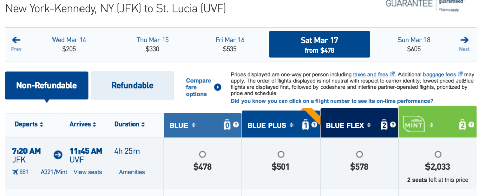 JetBlue Mint-JFK-St Lucia UVF for over $2000
