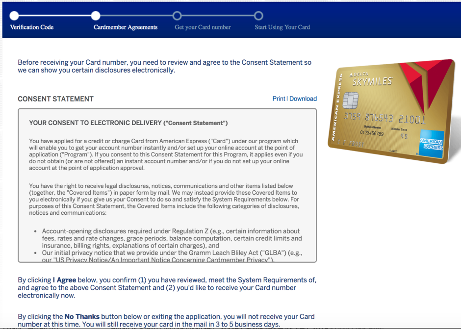 Credit Cards-Instant Card Number Upon Approval-AMEX Consent to Electronic Disclosures
