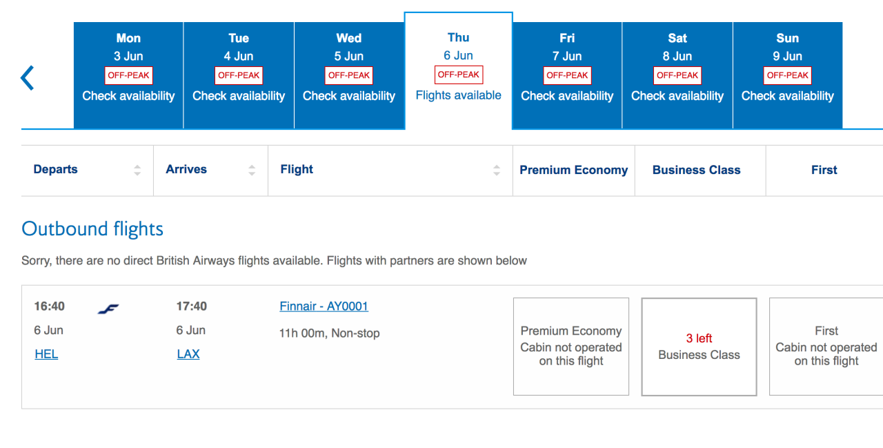 Finnair Business Class LAX-Helsinki Route: Good Award Availability