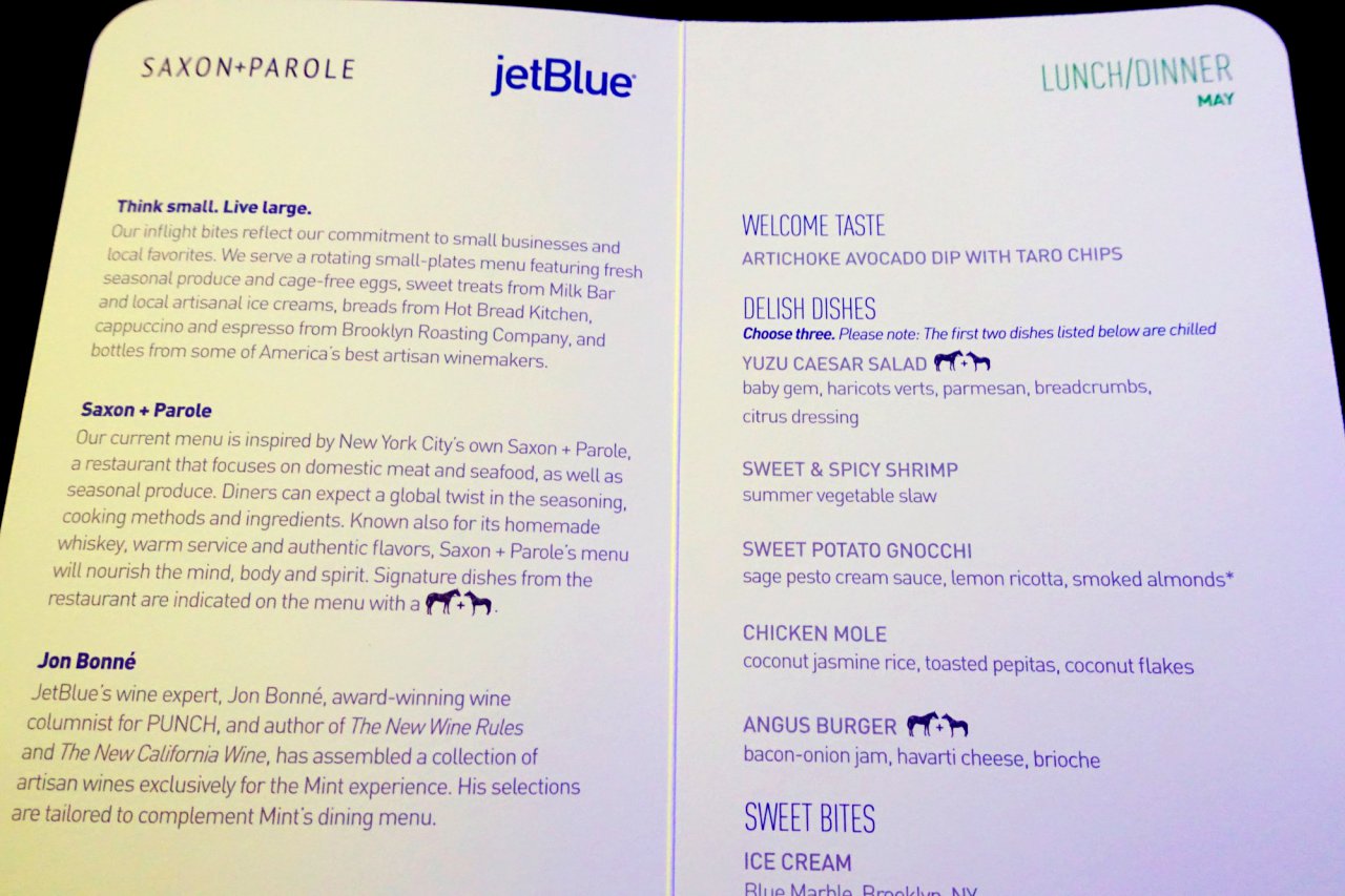 JetBlue Mint Review-Menu NYC-SEA
