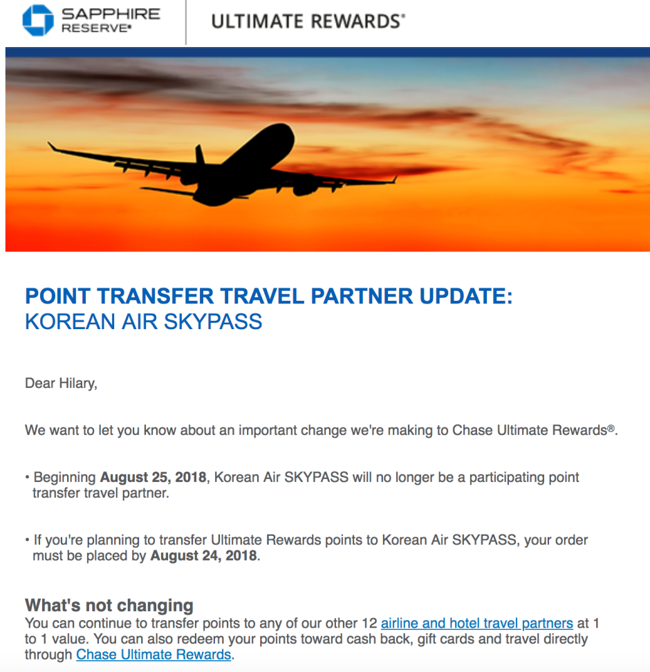 Ultimate Rewards Ends Transfers to Korean SkyPass