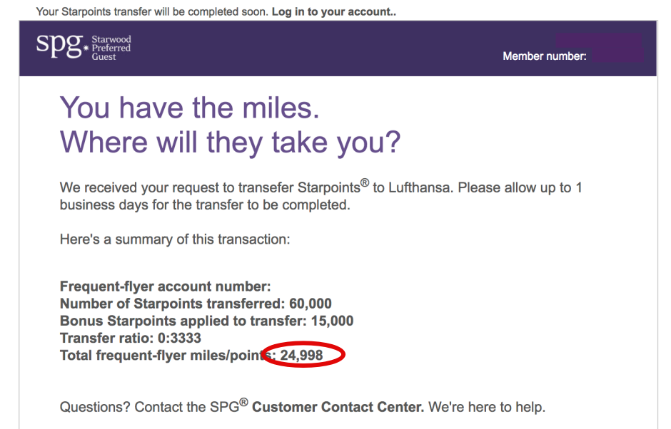 Have SPG Marriott Points Transfers to Miles Been Fixed-Confirmation Email