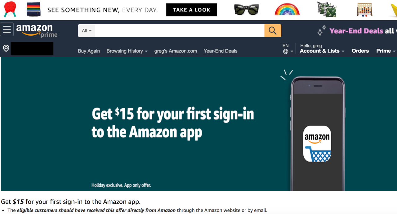 Amazon App: $15 Off $30