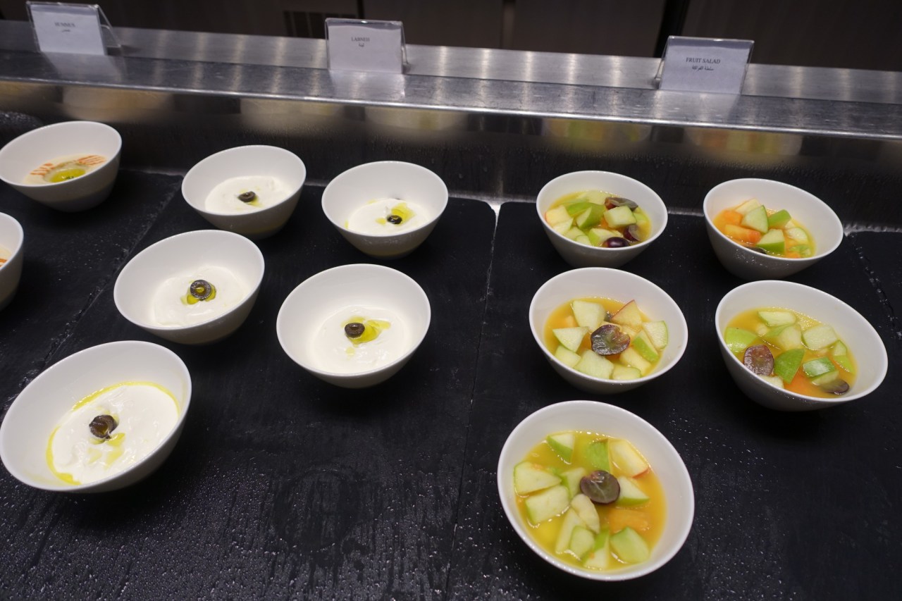 Review-Qatar Al Mourjan Business Class Lounge Doha-Breakfast-Hummus-Labneh-Fruit Salad