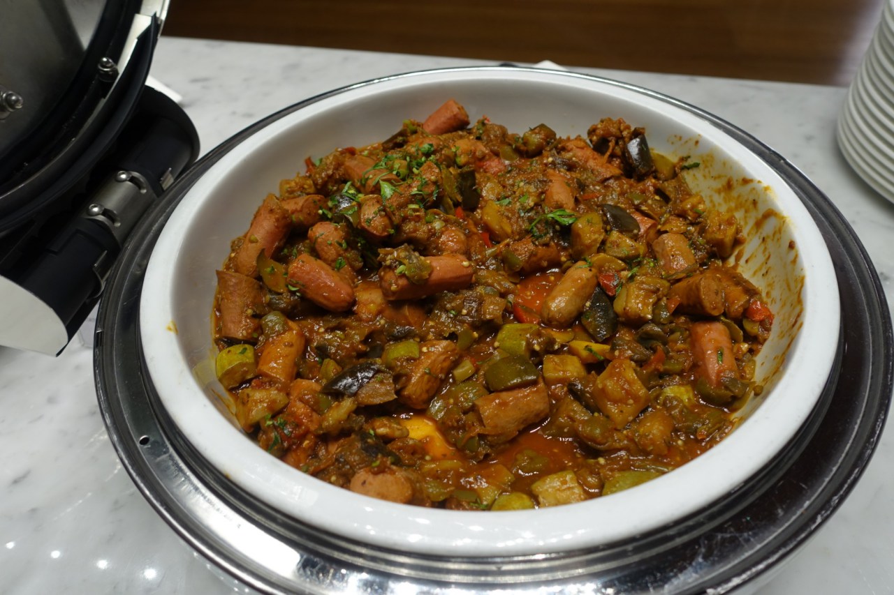 Review-Qatar Al Mourjan Business Class Lounge Doha-Sausages with Vegetable