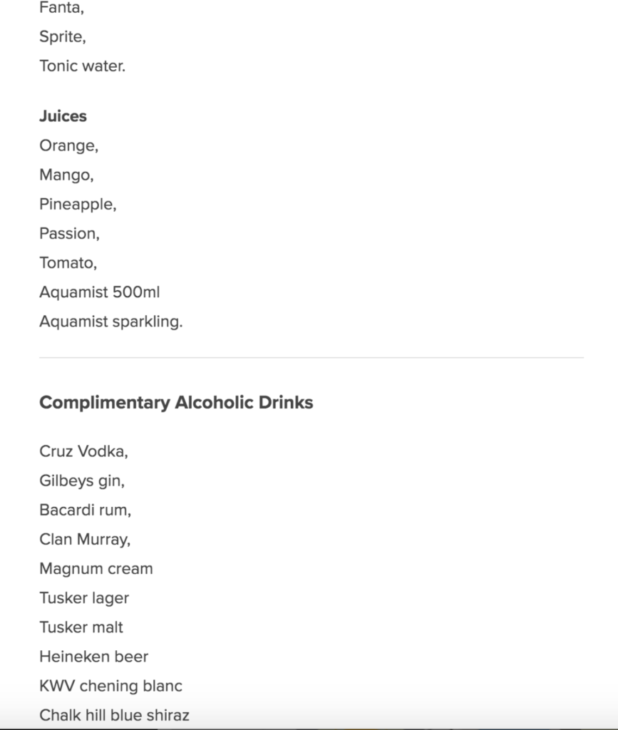 Aspire Lounge Nairobi Airport Review-Drinks Menu