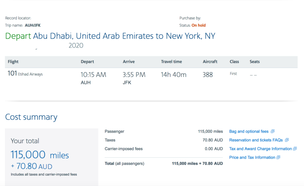 Must Call to Book Etihad First Class with AAdvantage Miles
