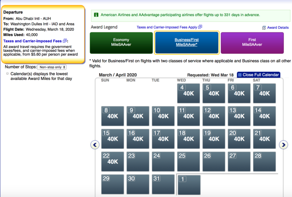 Only Etihad Economy Award Space on AA.com