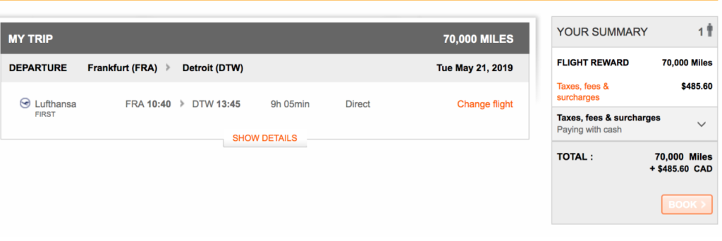 Lufthansa First Class Award Space with Aeroplan miles, FRA-DTW