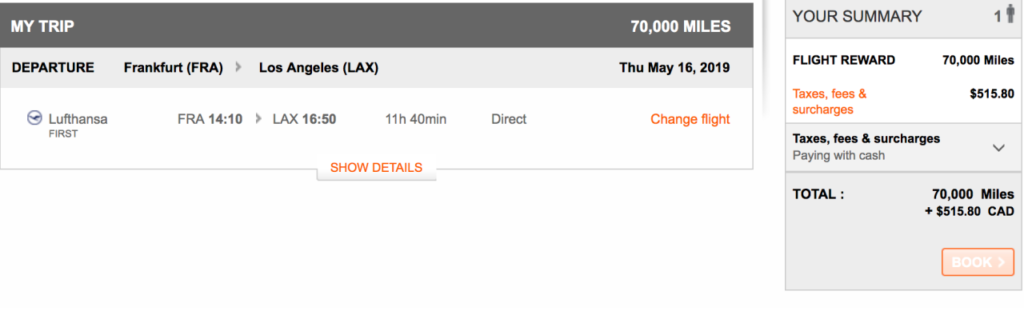 Lufthansa First Class FRA-LAX Available with Aeroplan miles