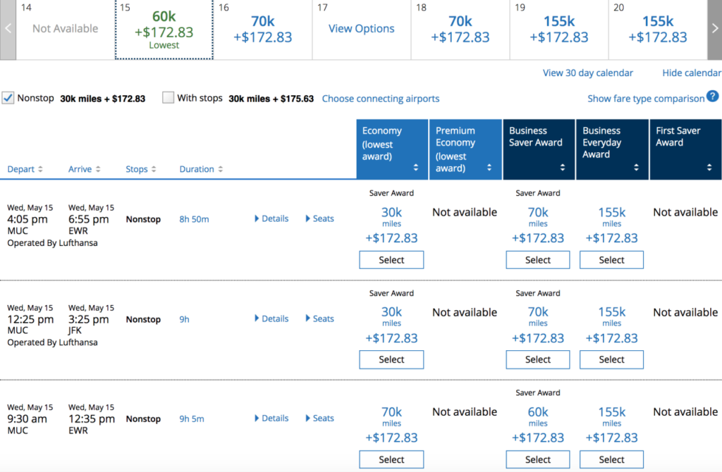 No Lufthansa First Class award space with United miles