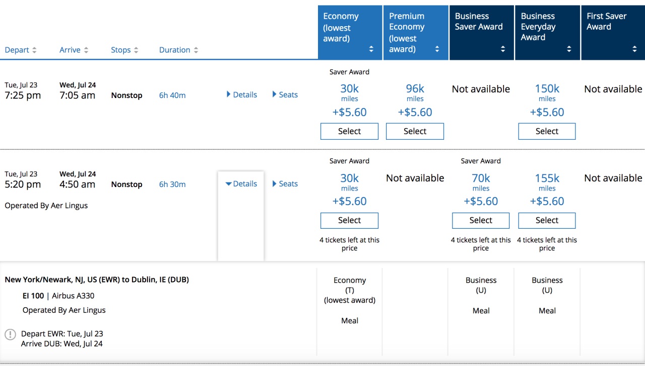 Redeem 70K United Miles for Aer Lingus Business Class