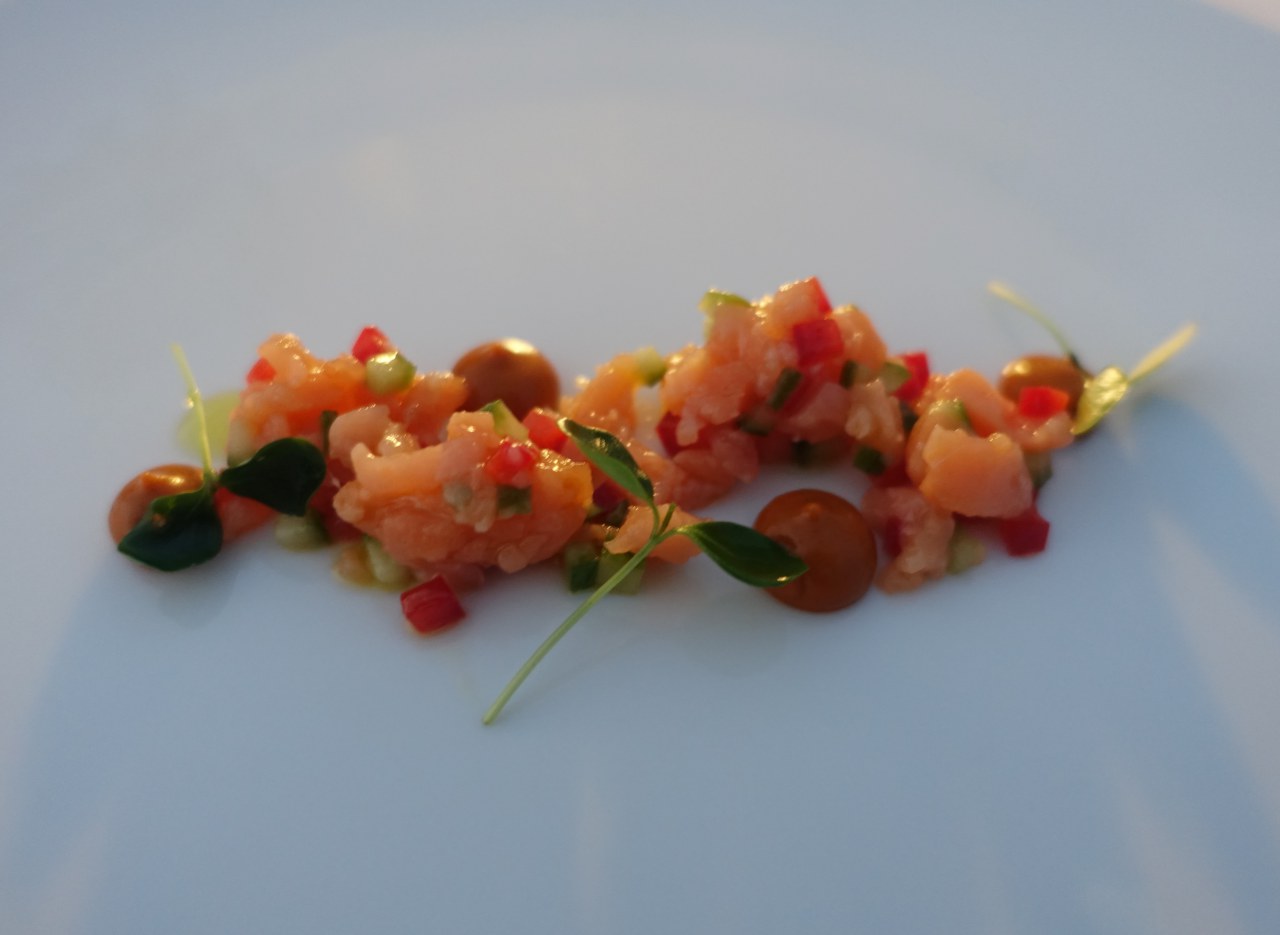 Salmon Amuse Bouche, Aragu Restaurant Review, Maldives