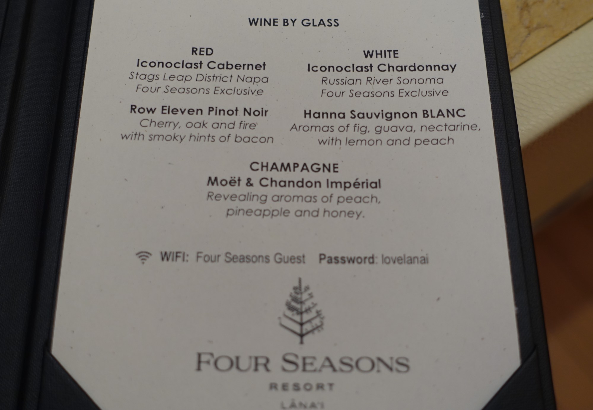 Four Seasons Lanai Lounge Wine List and Champagne