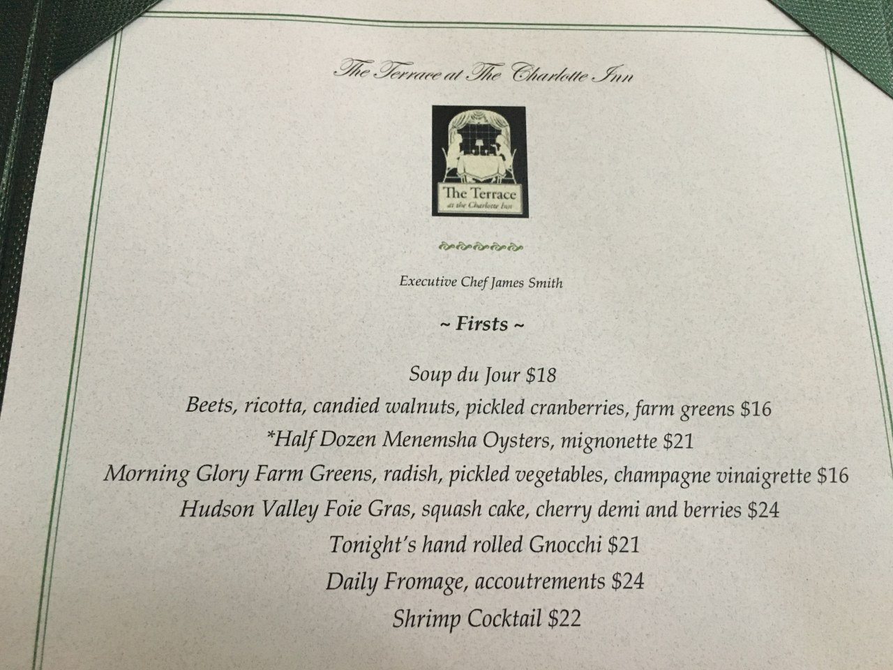 Menu-The Terrace at The Charlotte Inn, Edgartown Review