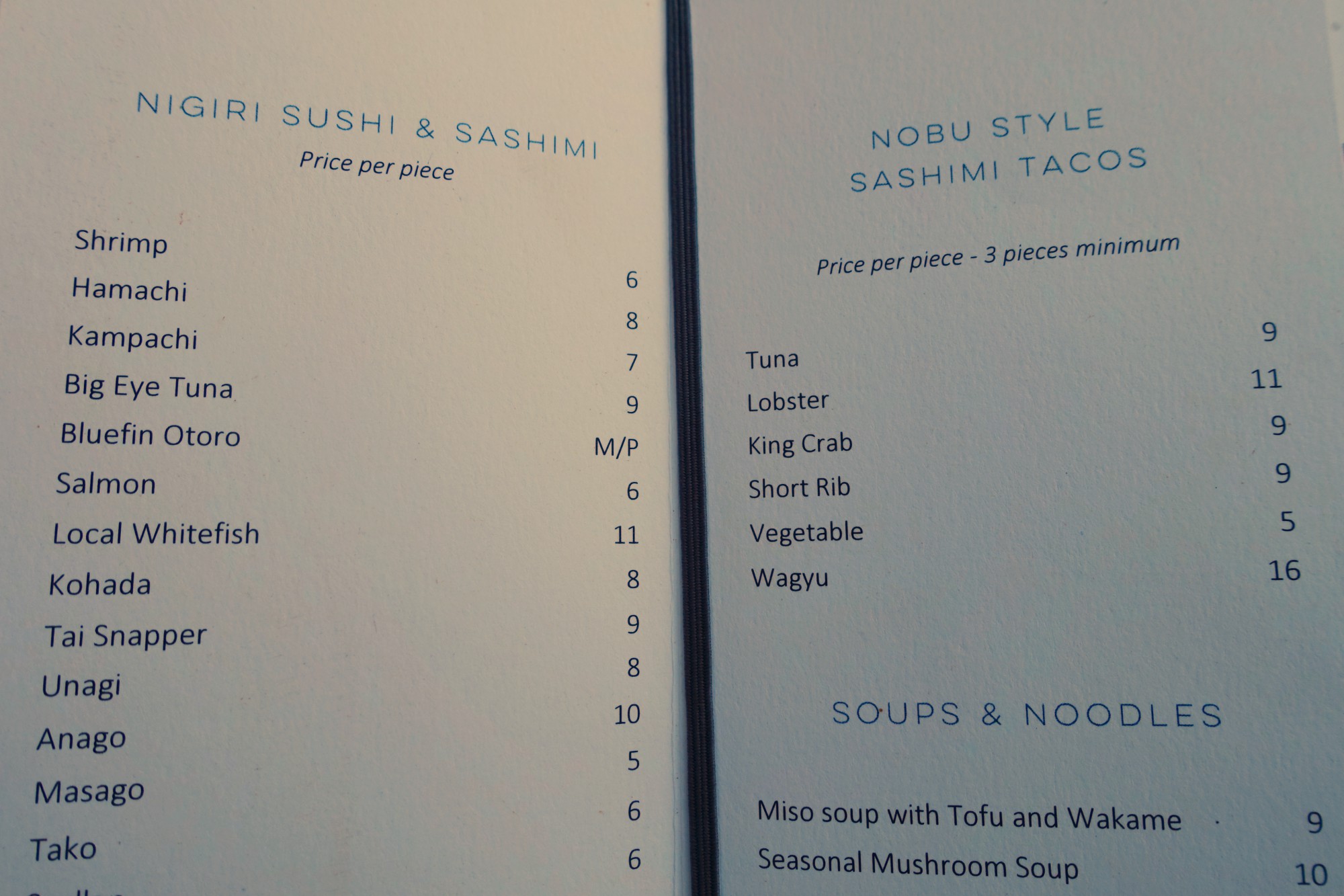 Nobu Lanai Menu - Sushi and Sashimi