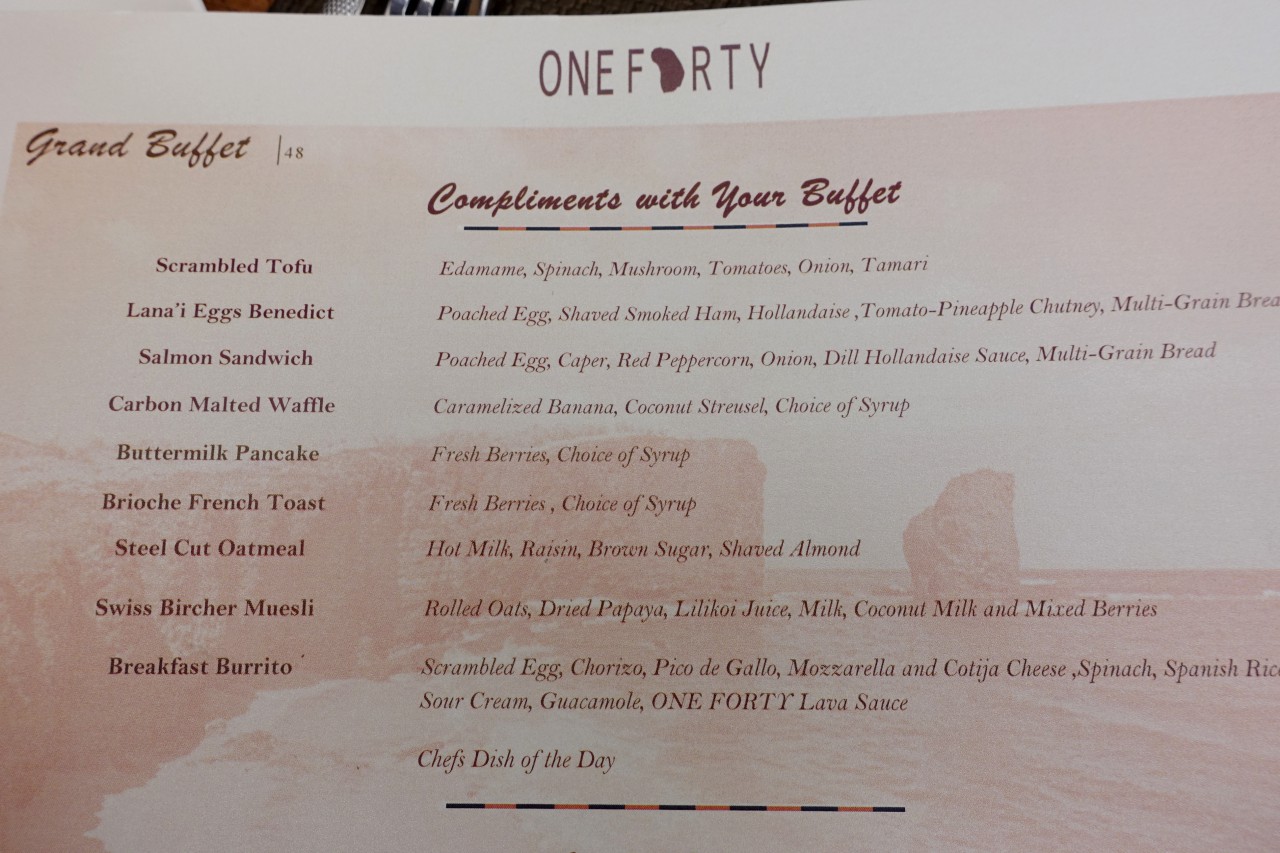 One Forty Breakfast Buffet Menu of Made to Order Entrees