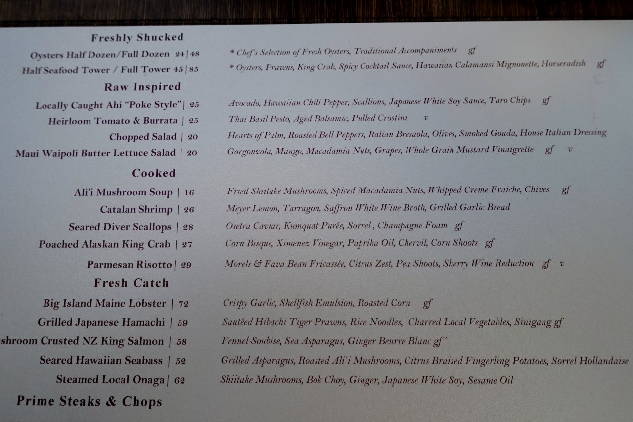 One Forty Dinner Menu, Four Seasons Lanai