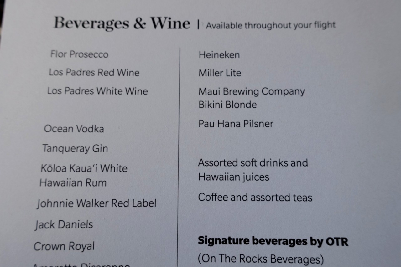 Hawaiian Airlines First Class Drinks Menu