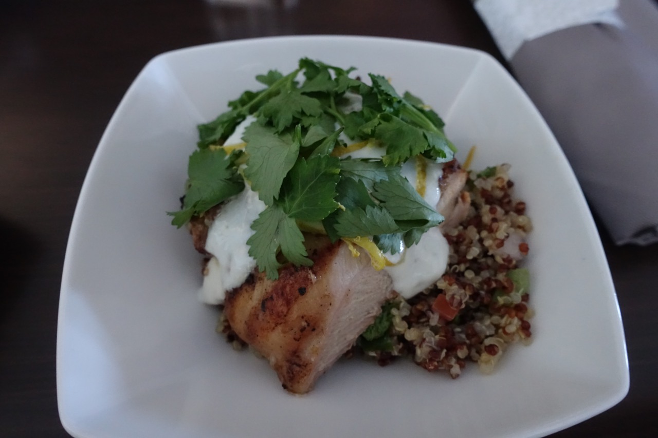 Hawaiian Airlines First Class Appetizer: Roasted Chicken with Tabouleh, Tzatziki and Fresh Cilantro