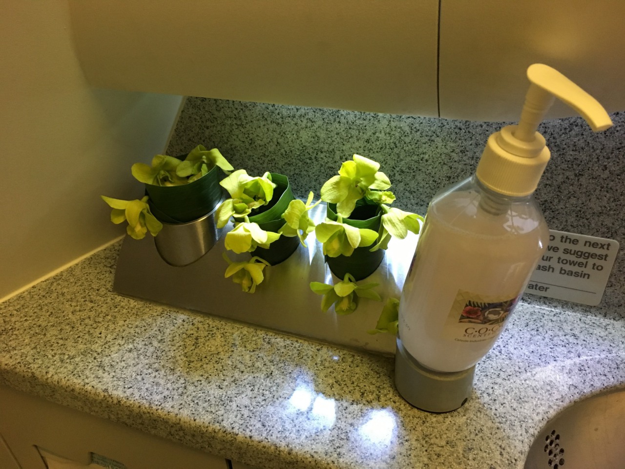 Orchids and Coconut Liquid Soap in Lavatory, Hawaiian Airlines A330 First Class Review