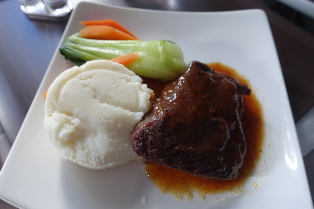 Hawaiian Airlines First Class Dinner Main Course: Shortribs with Wasabi Mashed Potato