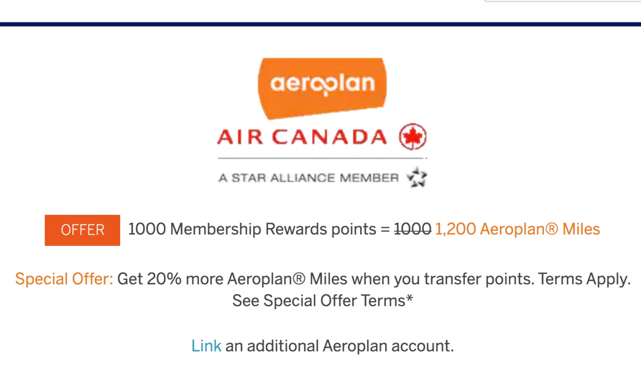 AMEX 20% Transfer Bonus to Aeroplan Miles