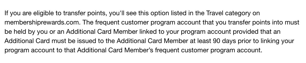 AMEX Transfer-Must Add Authorized User 90 Days Prior to Transfer to Frequent Flyer Program