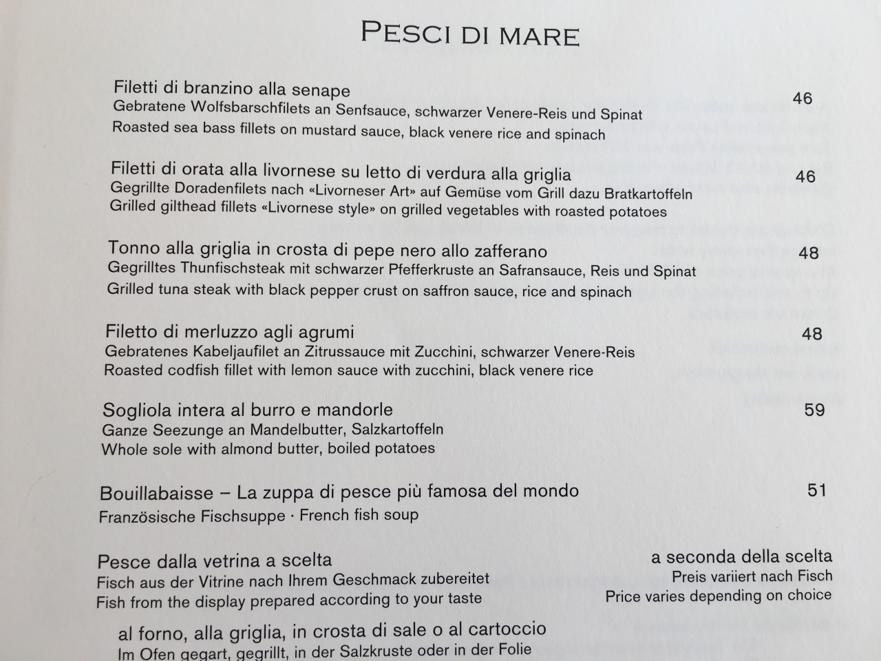 Bianchi Zurich Menu-Fish Dishes