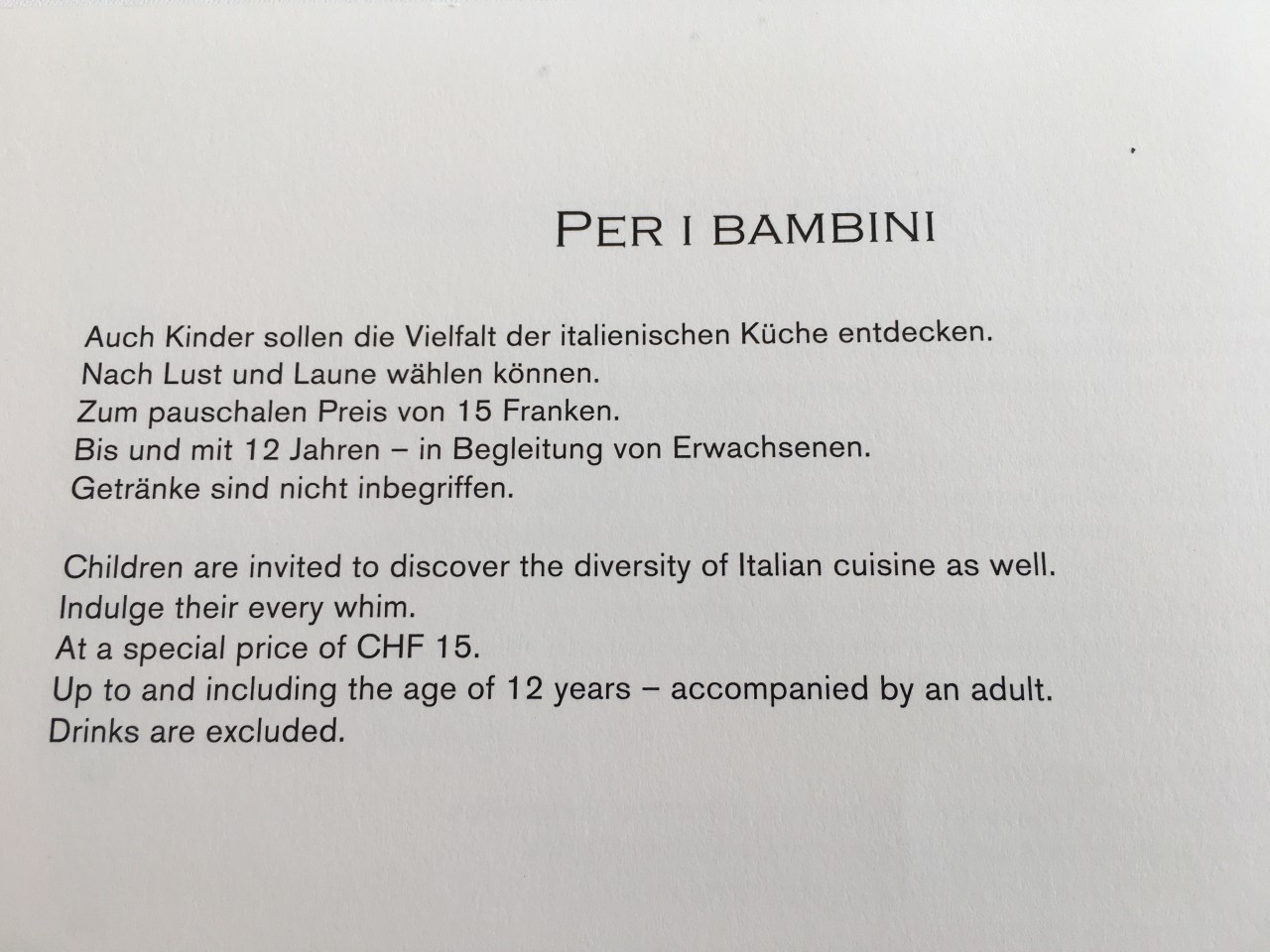 Bianchi Zurich Restaurant: CHF 15 for Children Age 12 and under