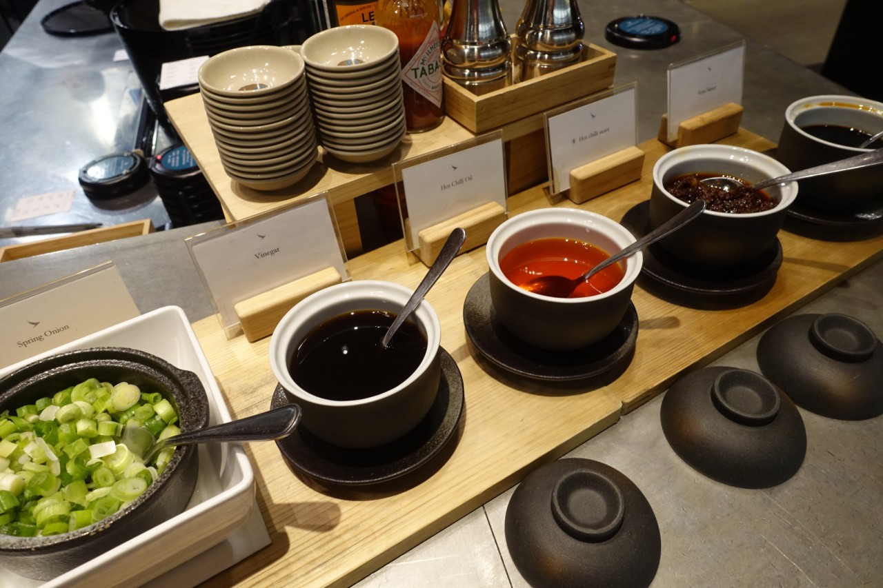 Chili Sauces and Condiments, Cathay Pacific Noodle Bar, Vancouver Lounge Review