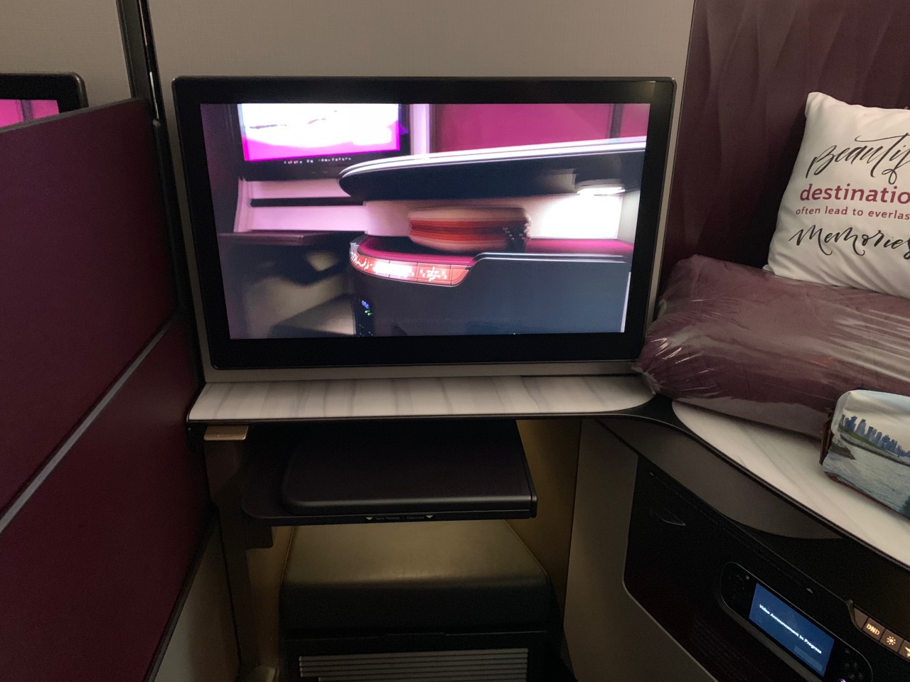 Qatar Qsuites 777 Review: IFE Screen and Footrest / Ottoman