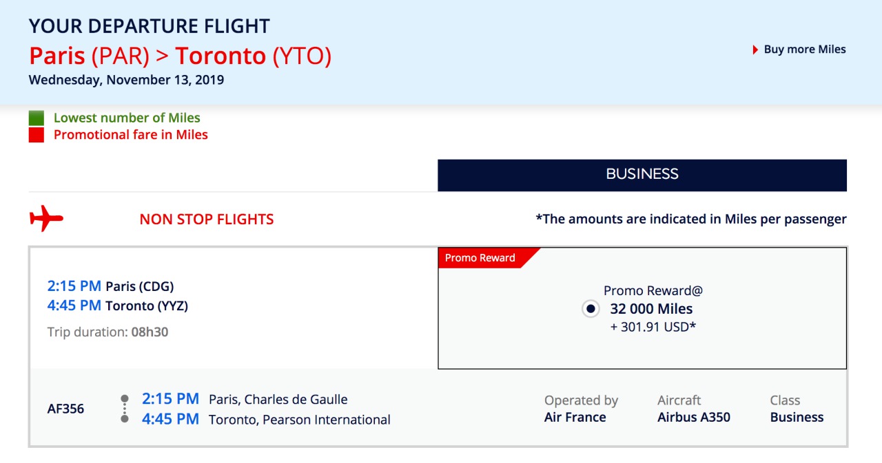 Paris to Toronto in Air France Business Class for 32,000 Flying Blue Miles