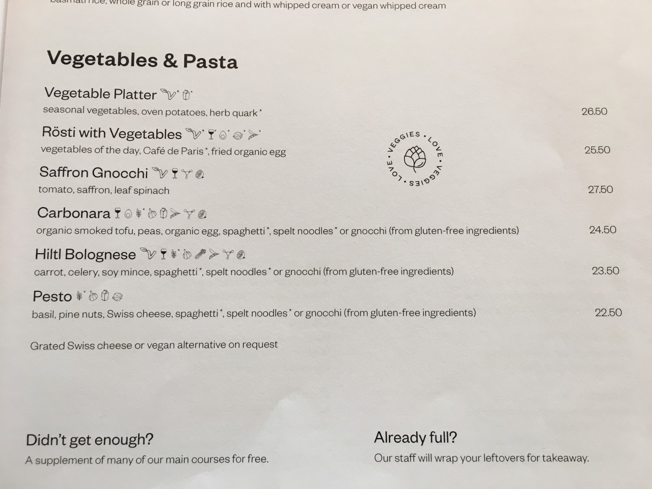 Hiltl Menu: Pastas