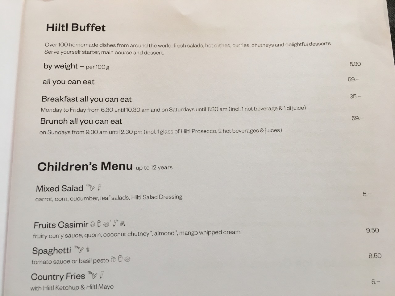 Hiltl Buffet Menu Price