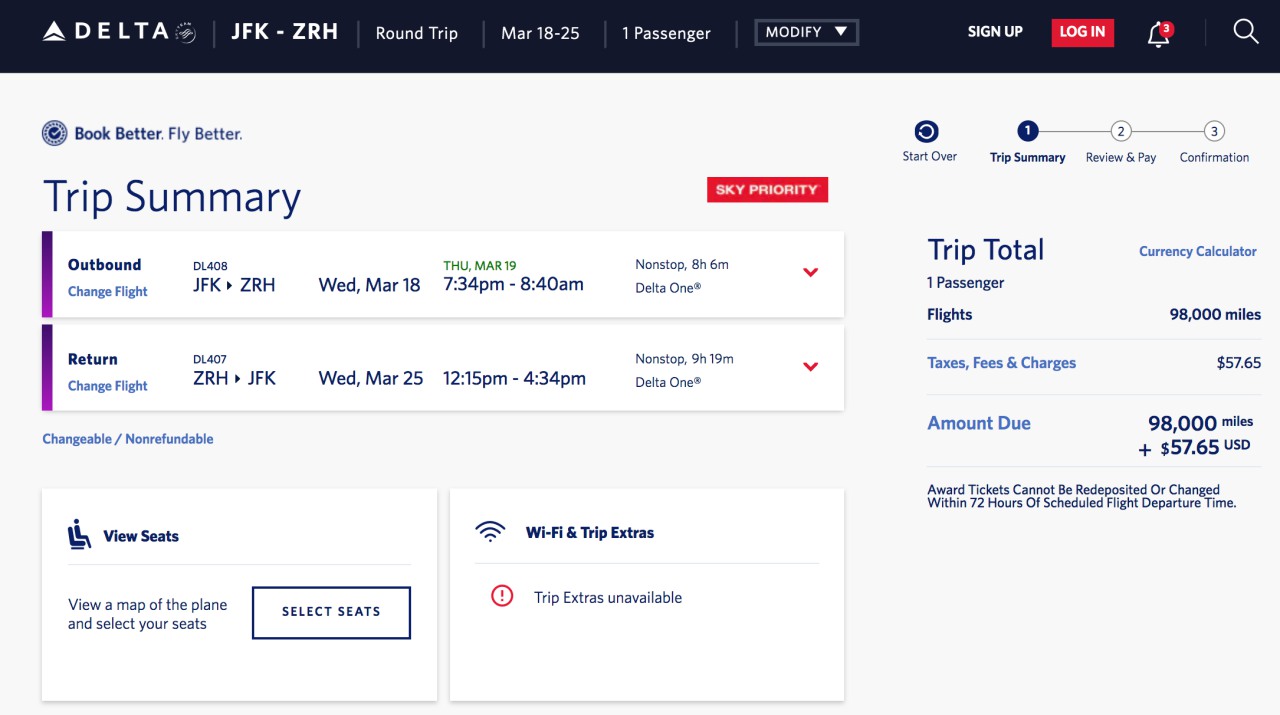 New York JFK to Zurich ZRH in Delta One Business Class for 98K Miles