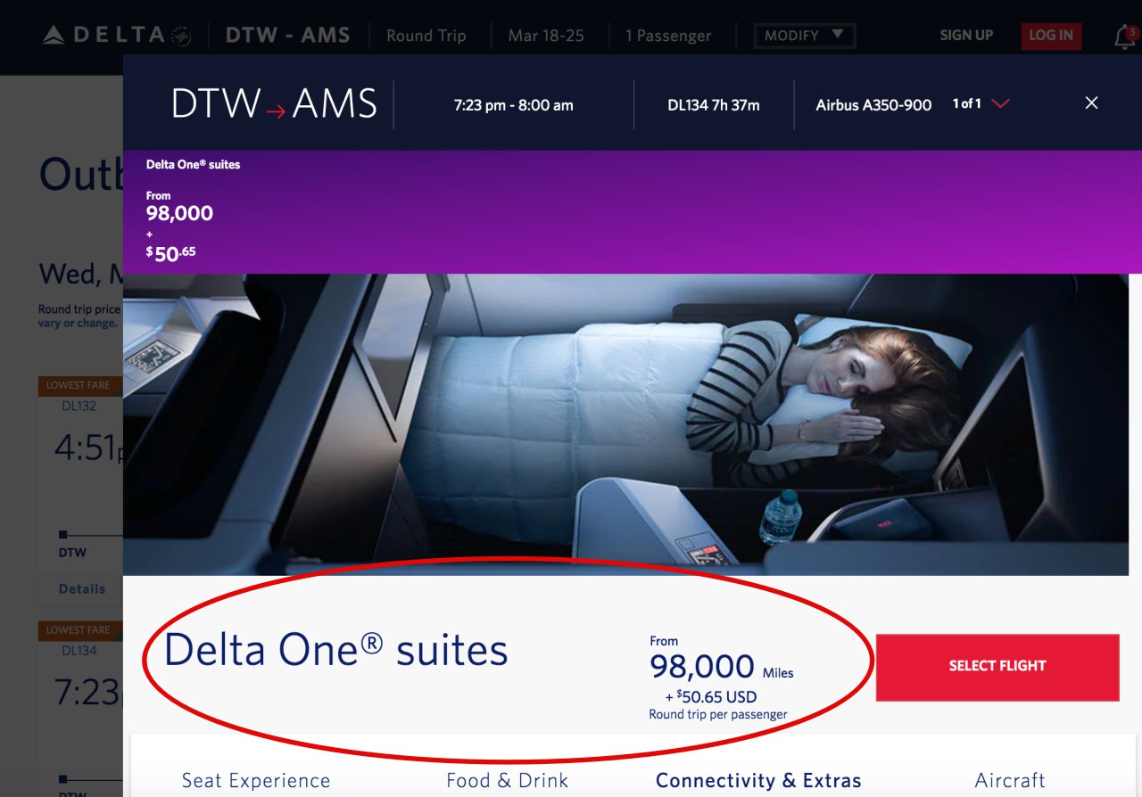 Detroit DTW to Amsterdam AMS in Delta One Suites for 98,000 SkyMiles