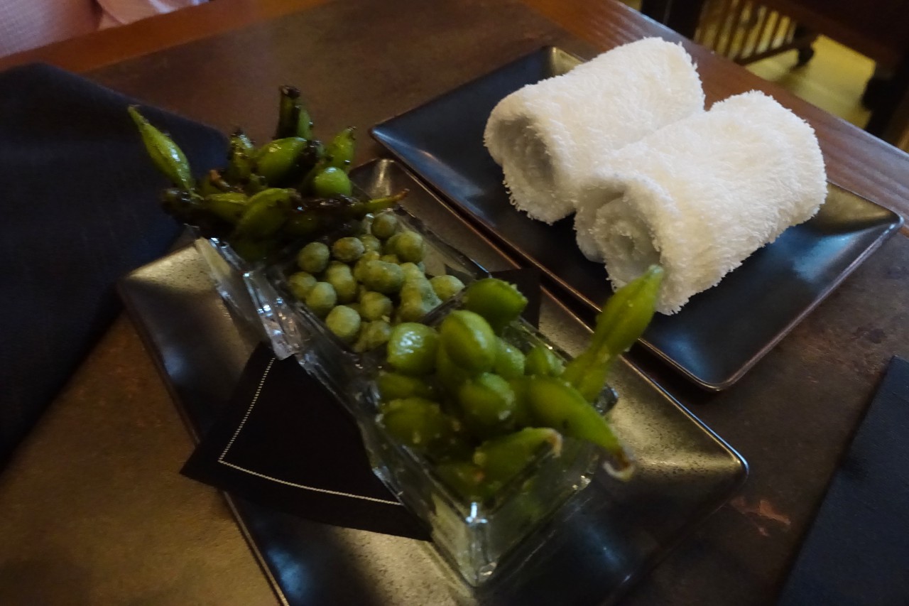 Truffle Edamame, Wasabi Peas, Oshibori Towels, The Japanese Restaurant, Chedi Andermatt Review