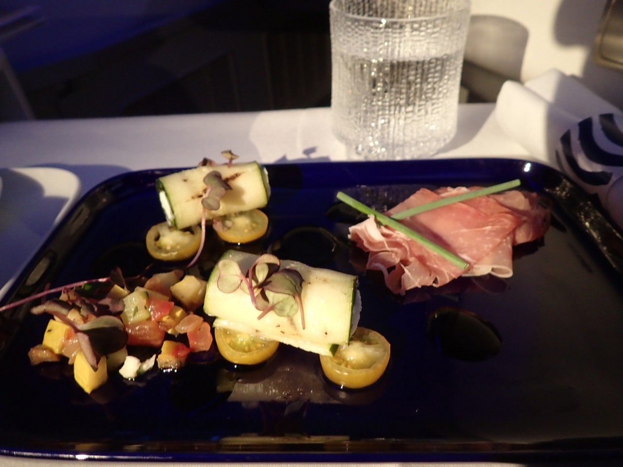 Finnair Business Class Appetizer: Prosciutto with Zucchini, Ricotta and Cherry Tomatoes