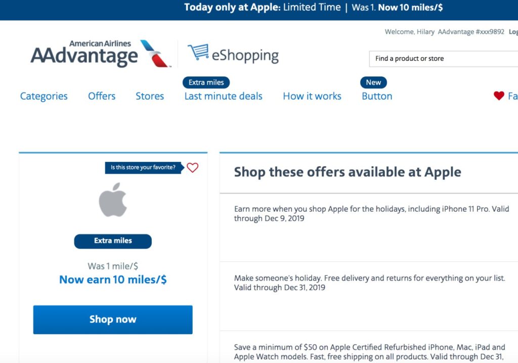 10X AAdvantage Miles at Apple