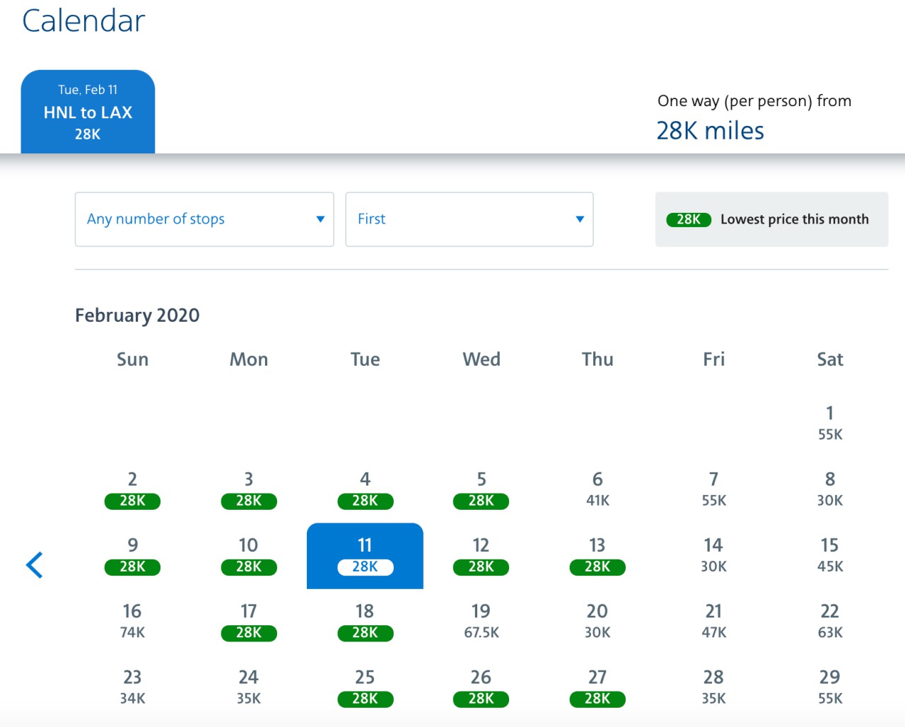 American Airlines First Class to Hawaii: 28K-30K AA Miles