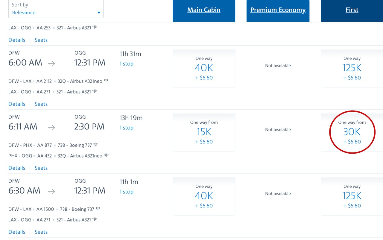 American Airlines First Class to Hawaii: 28K-30K AA Miles