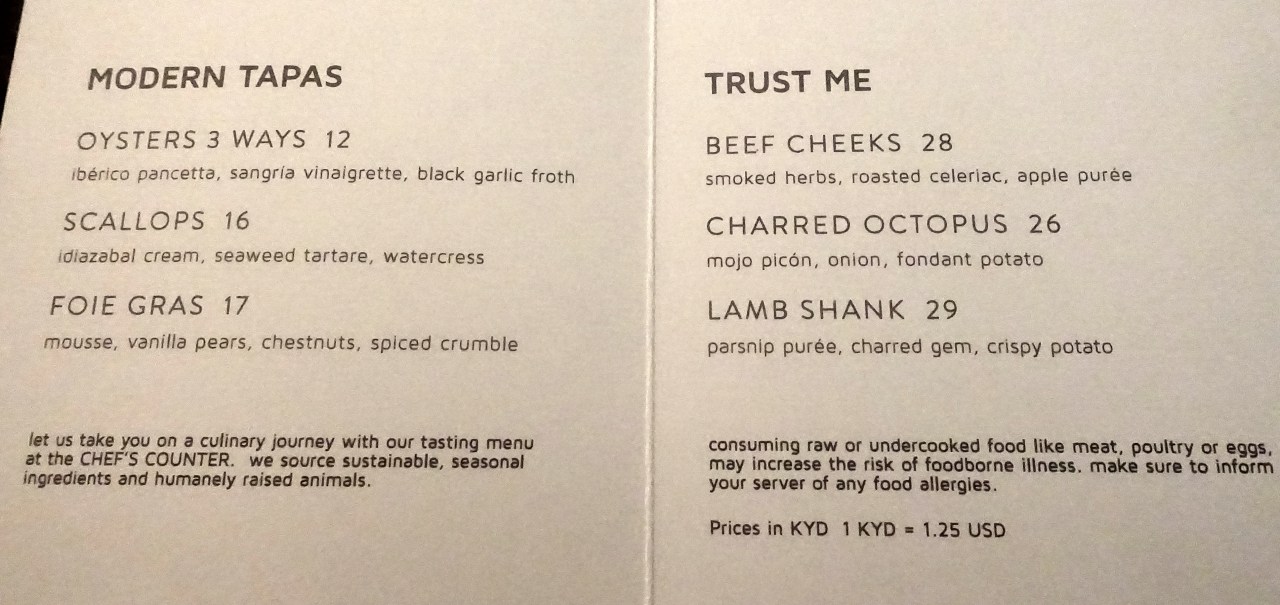 Avecita Dinner Menu, Kimpton Seafire Grand Cayman