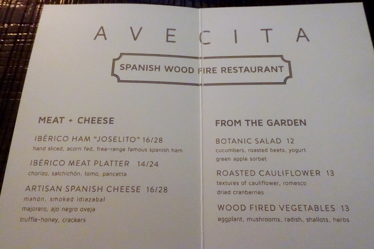 Avecita Dinner Menu, Kimpton Seafire Grand Cayman