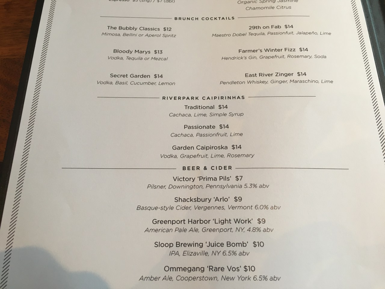 Riverpark NYC Brunch Cocktail Menu