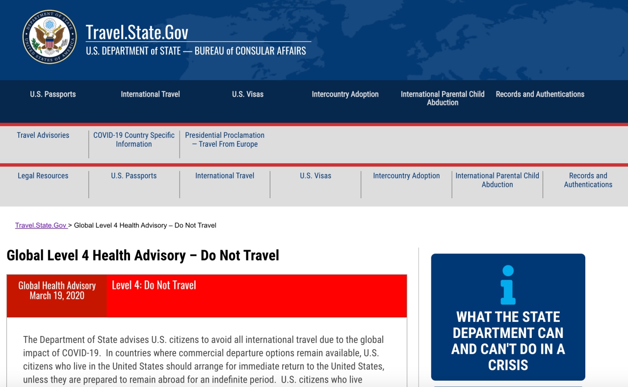 Coronavirus Level 4 Travel Advisory: Return to US Immediately or Remain Abroad