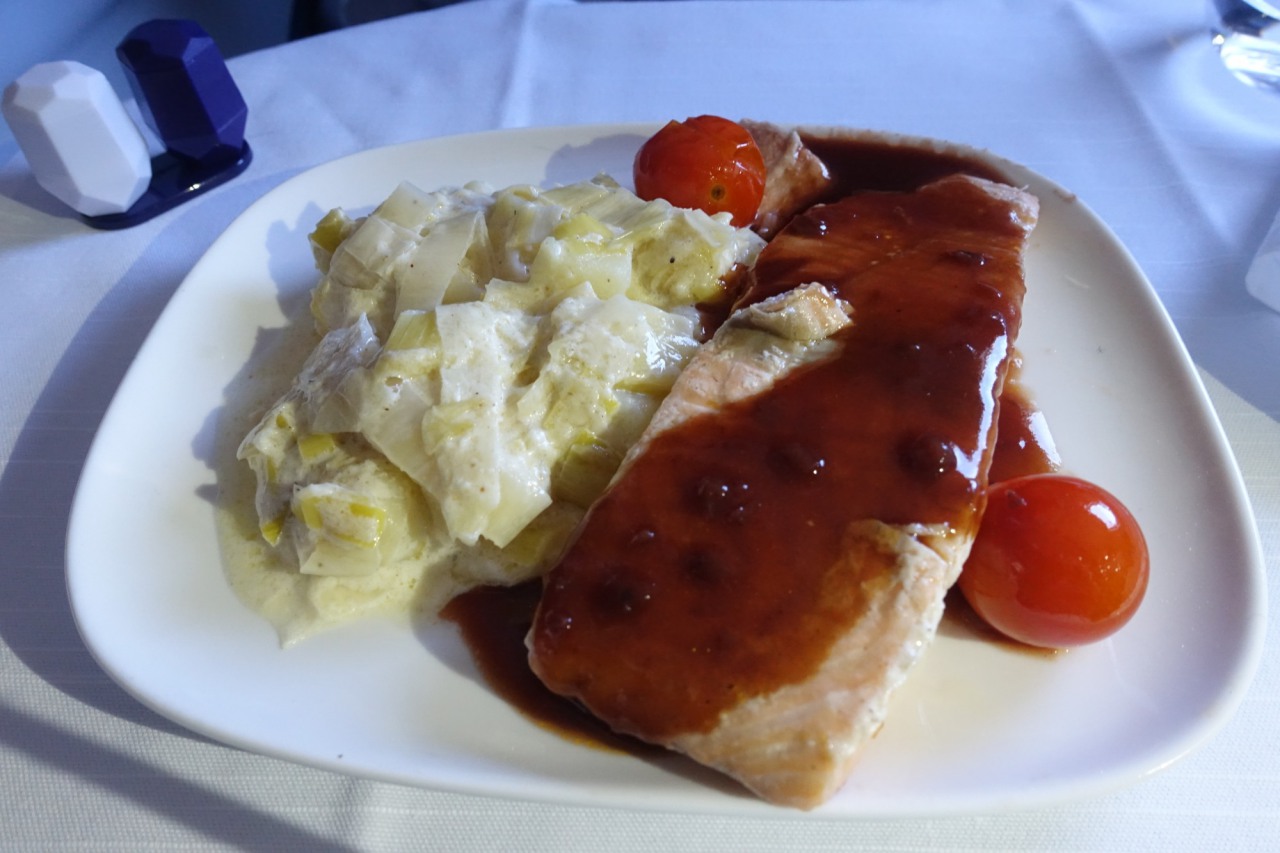 Salmon with Port Wine Sauce, Delta One A330 Review