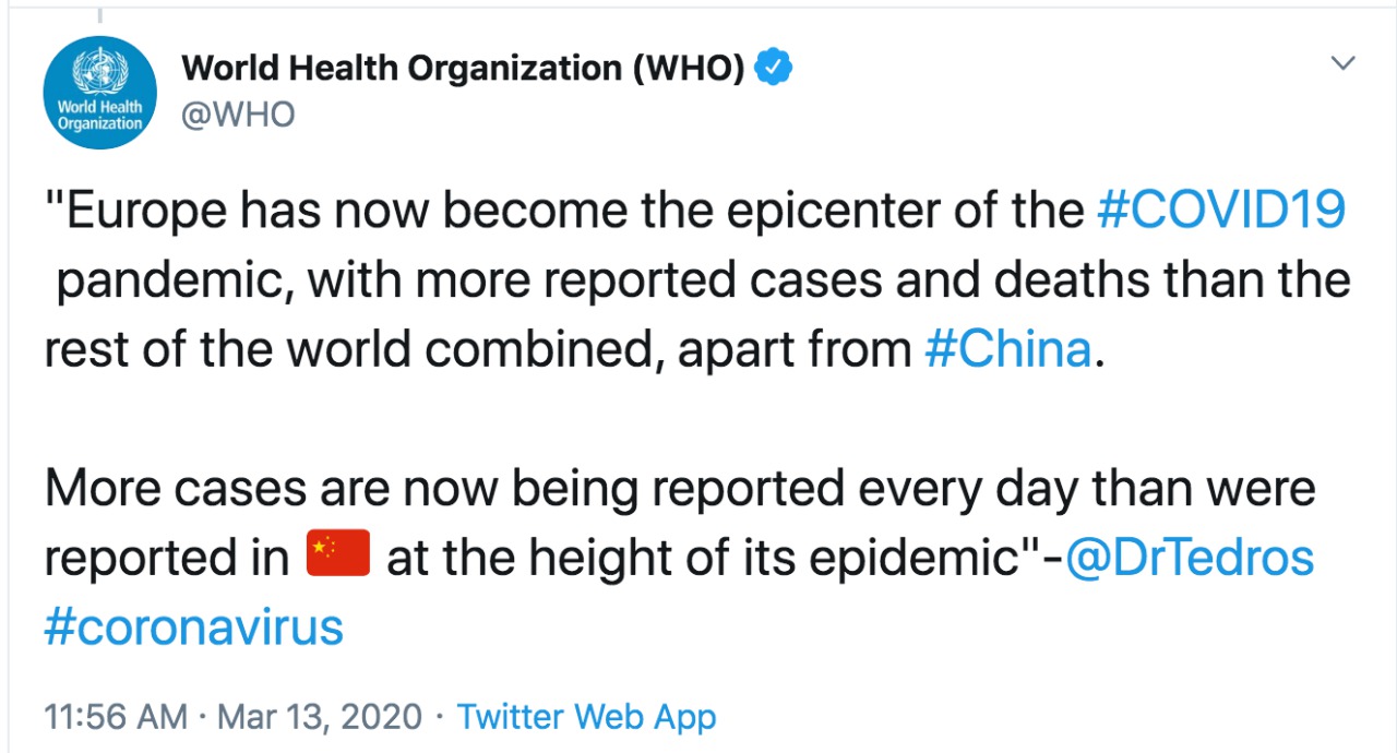 Europe Now the Coronavirus Epicenter per WHO