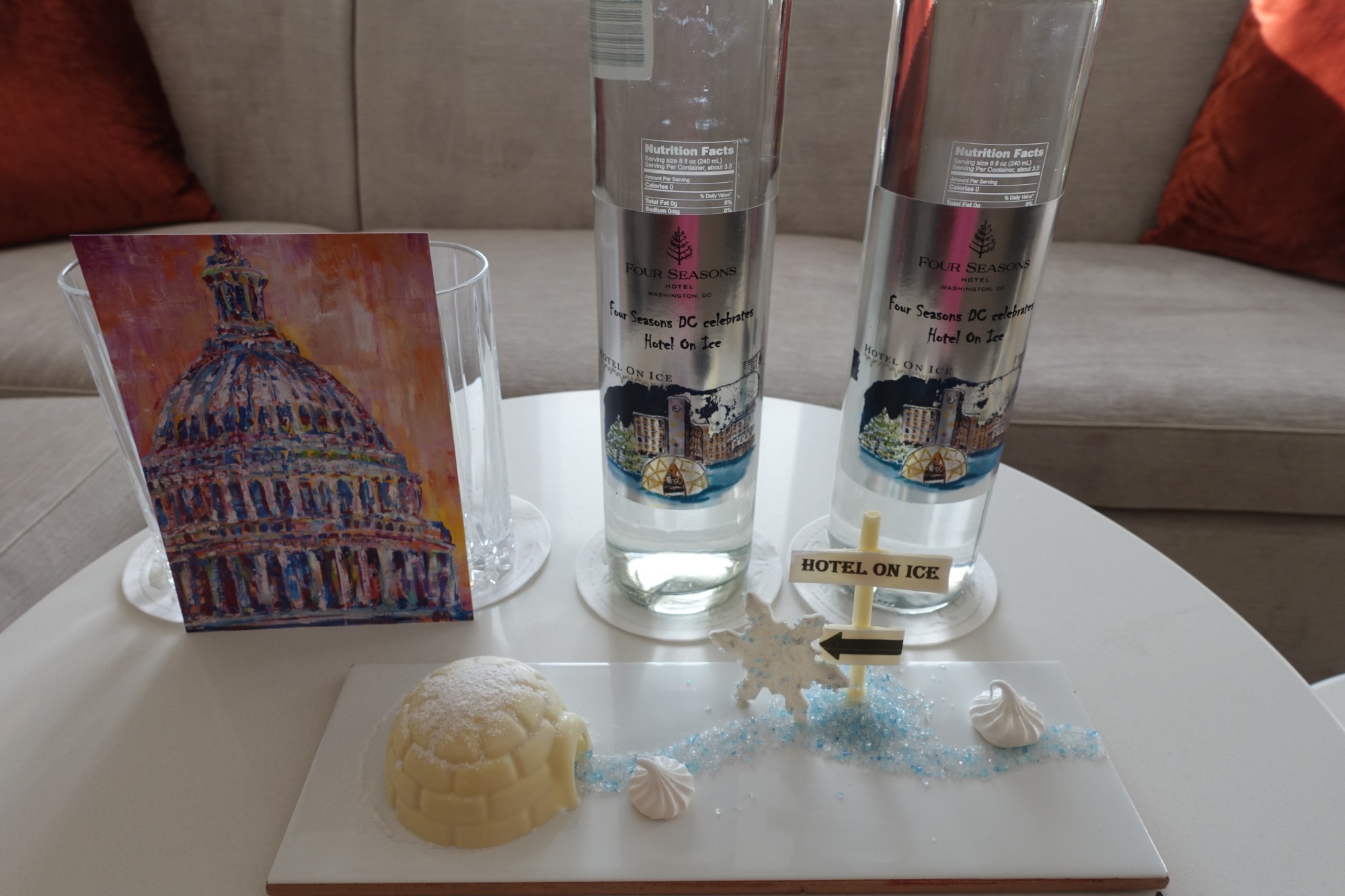 Voss Water, White Chocolate Igloo Welcome Amenities, Four Seasons Washington, DC Review